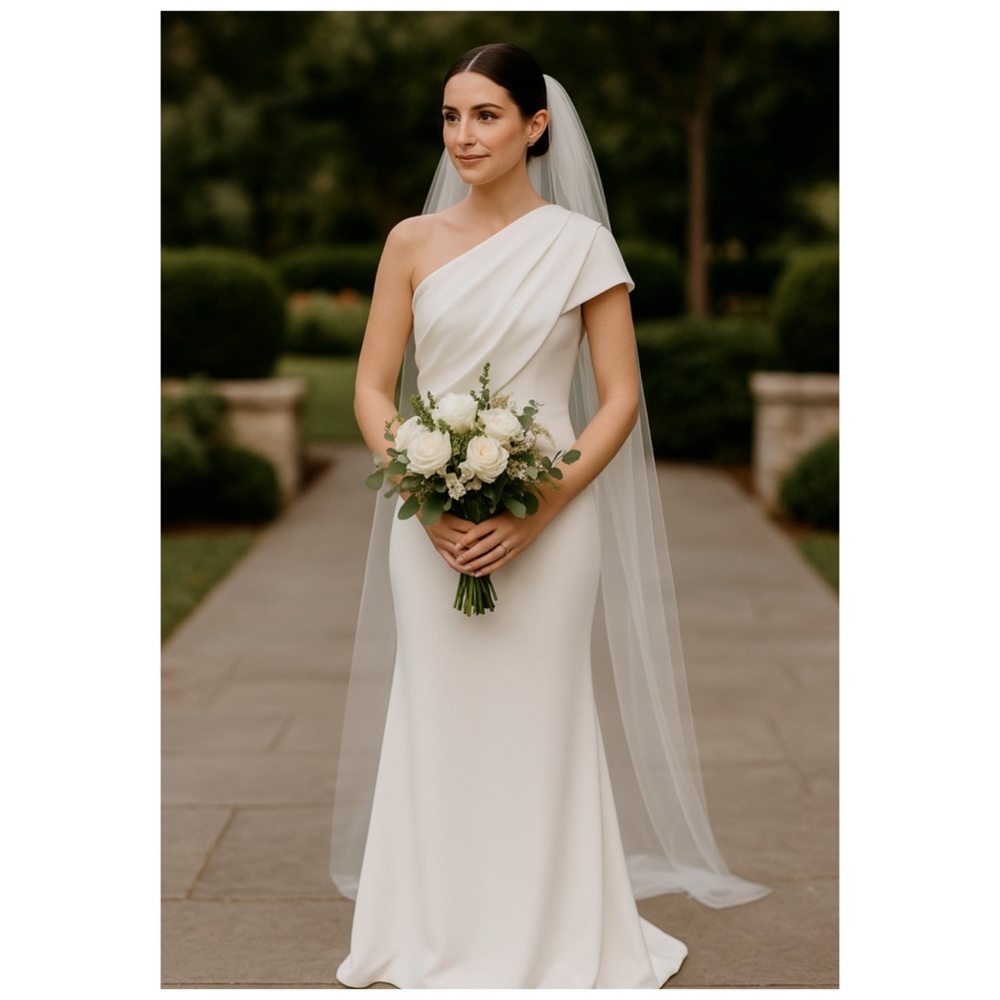 Badgley Mischka Asymmetric One Shoulder Bridal Gown White Wedding Dress Size 6 - Picture 2 of 13